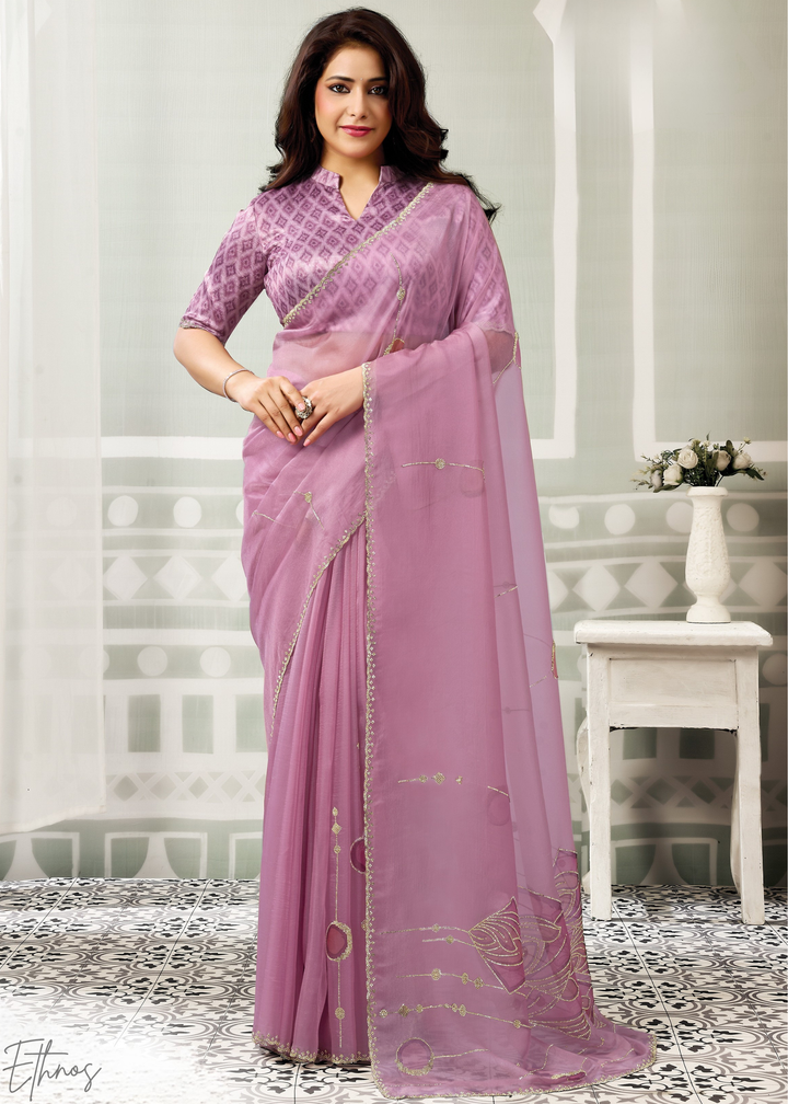 Soft Lavender Scattered Orangza Tissue Silk Saree