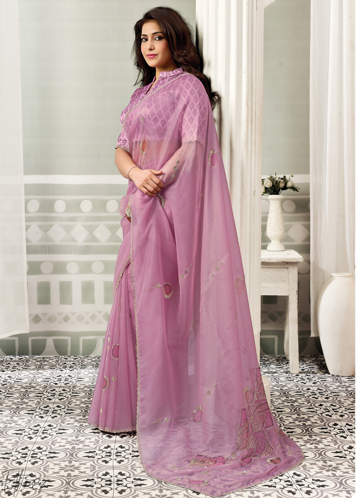 Soft Lavender Scattered Orangza Tissue Silk Saree