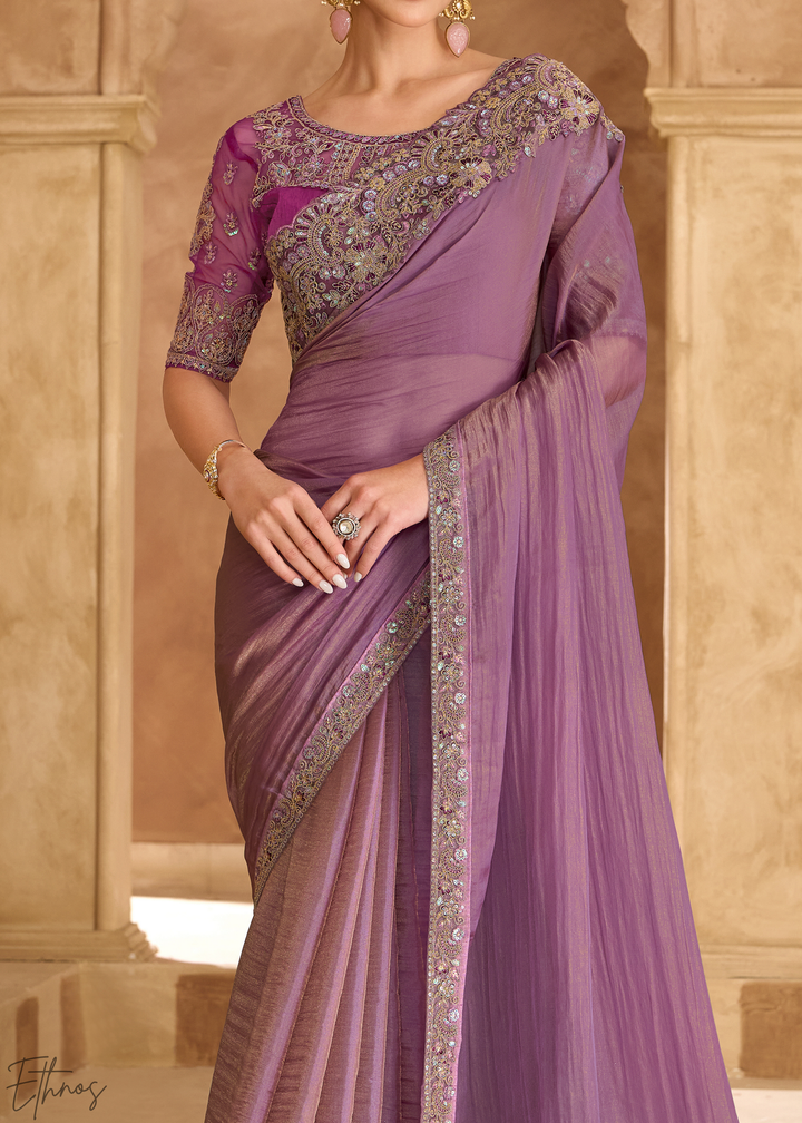 Soft Lilac Luminous Weave Tissue Georgette Saree