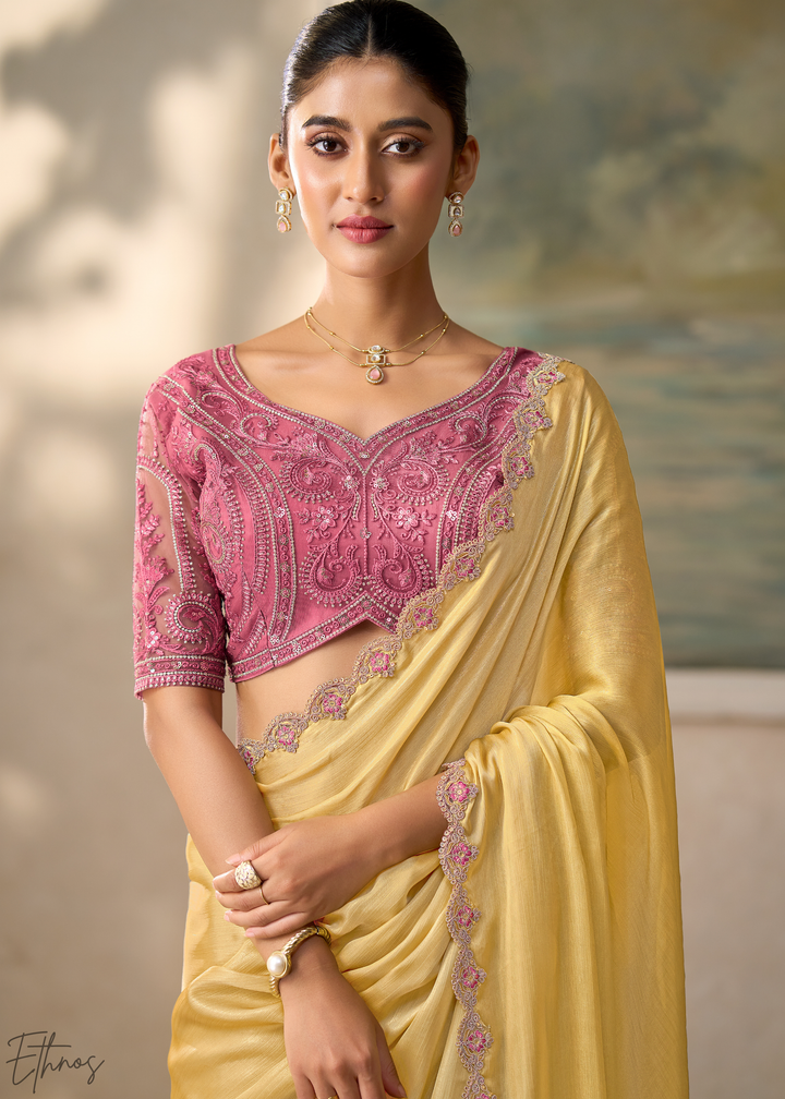 Soft Mustard Ruffle Border Chiffon Saree