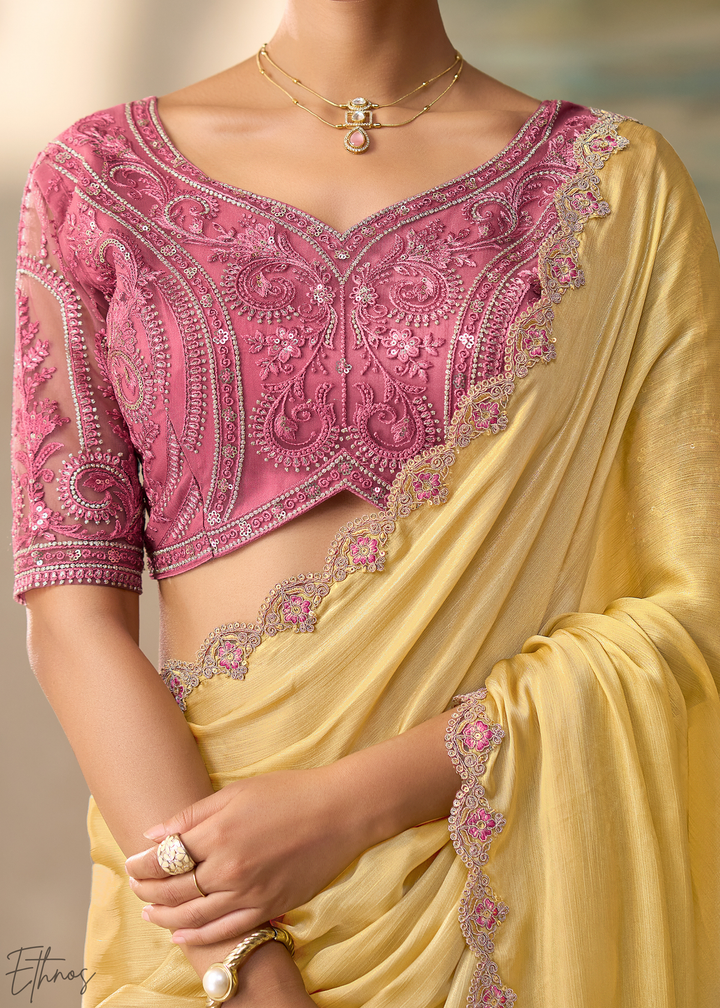 Soft Mustard Ruffle Border Chiffon Saree