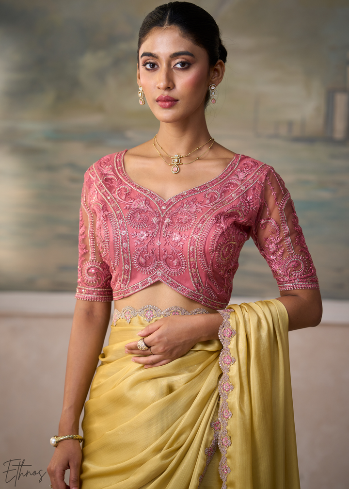 Soft Mustard Ruffle Border Chiffon Saree