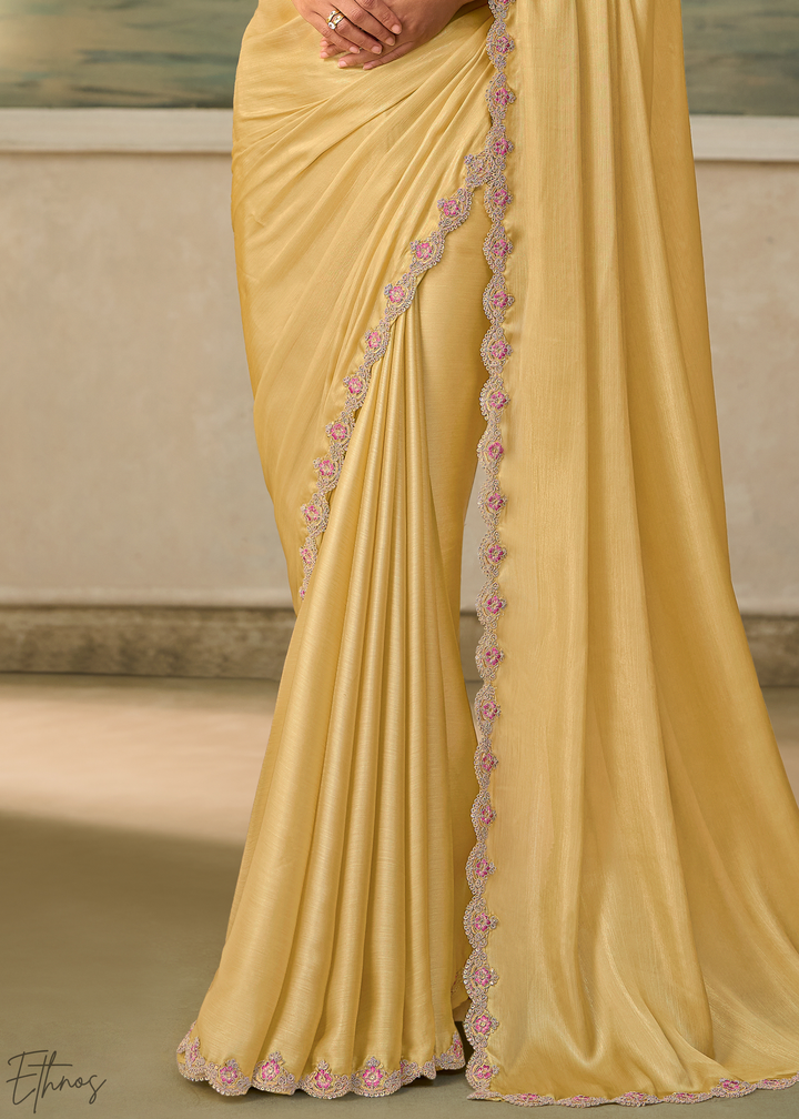 Soft Mustard Ruffle Border Chiffon Saree