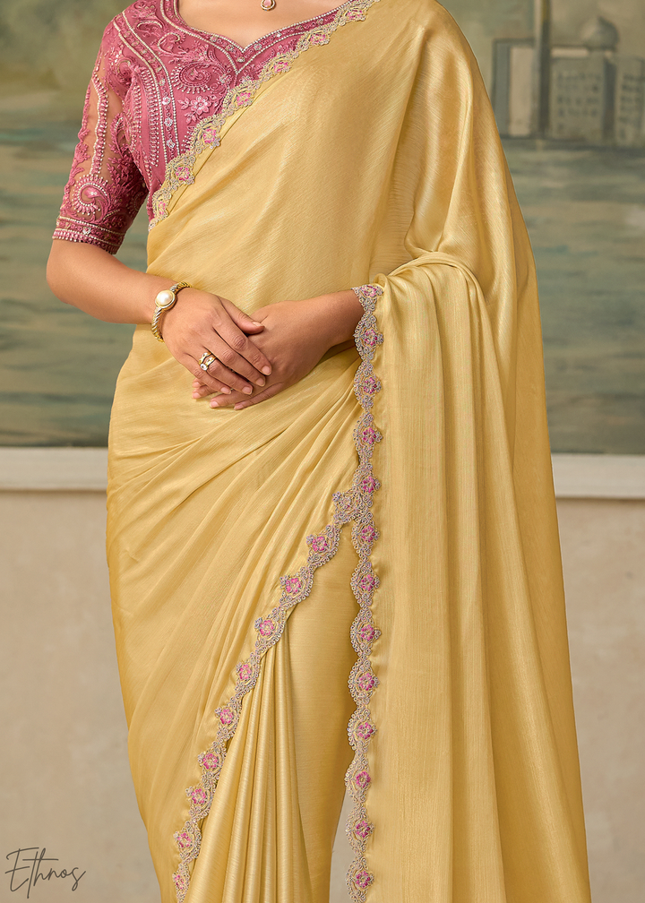 Soft Mustard Ruffle Border Chiffon Saree