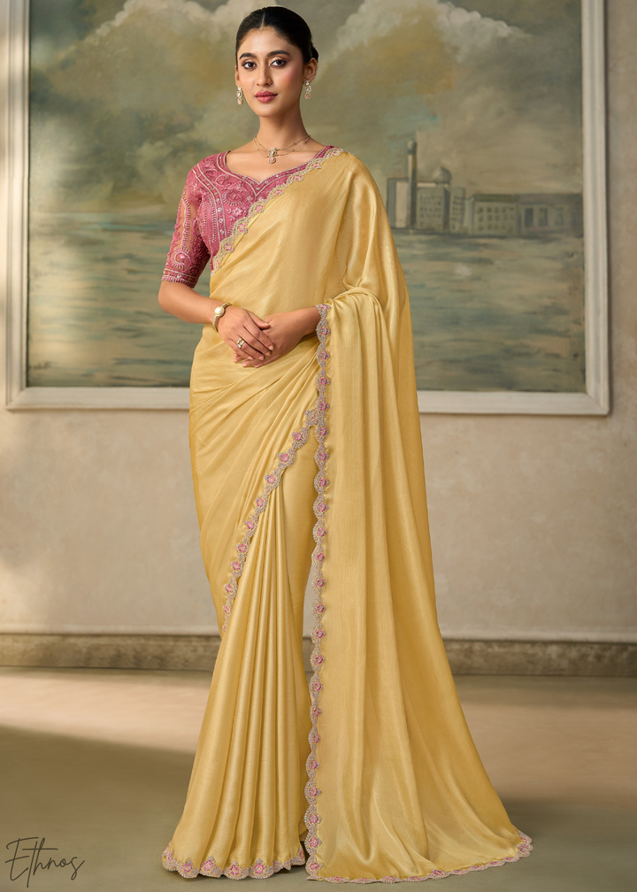 Soft Mustard Ruffle Border Chiffon Saree