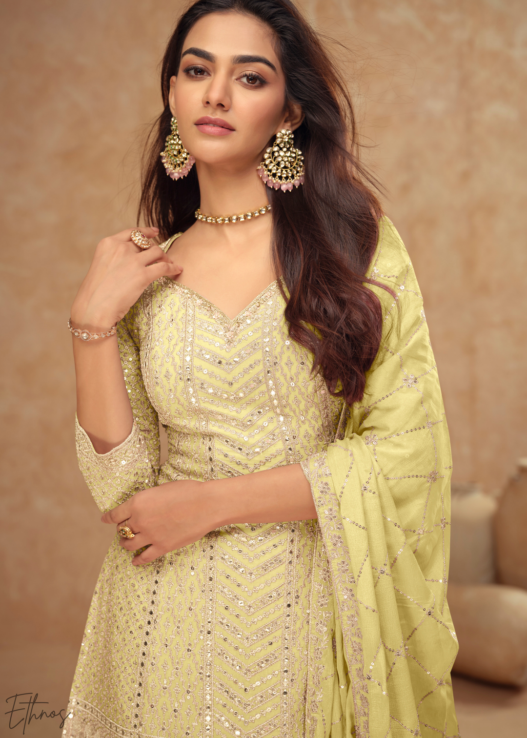 Soft Mustard Sequins Chinon Palazzo Suit