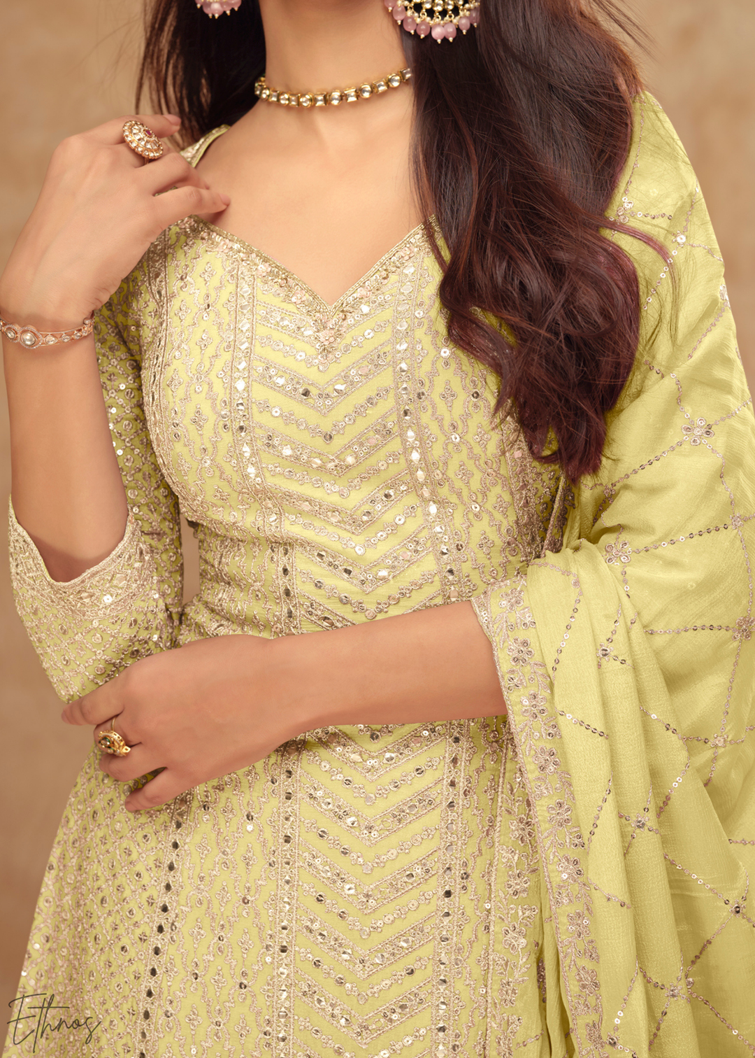 Soft Mustard Sequins Chinon Palazzo Suit