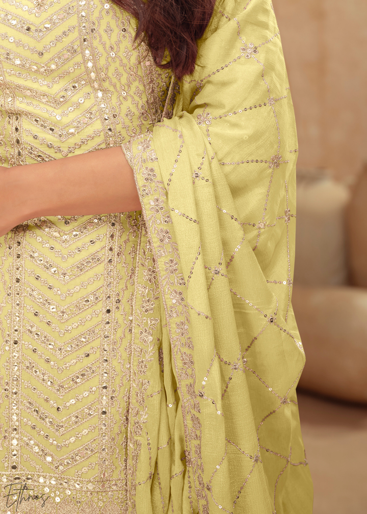 Soft Mustard Sequins Chinon Palazzo Suit