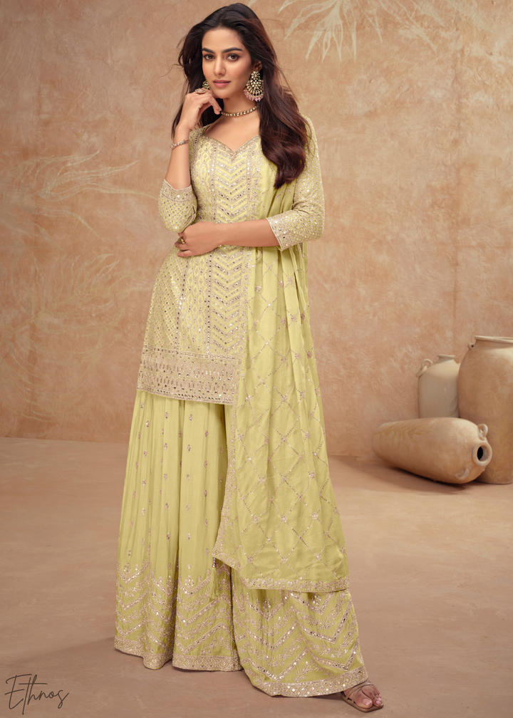 Soft Mustard Sequins Chinon Palazzo Suit