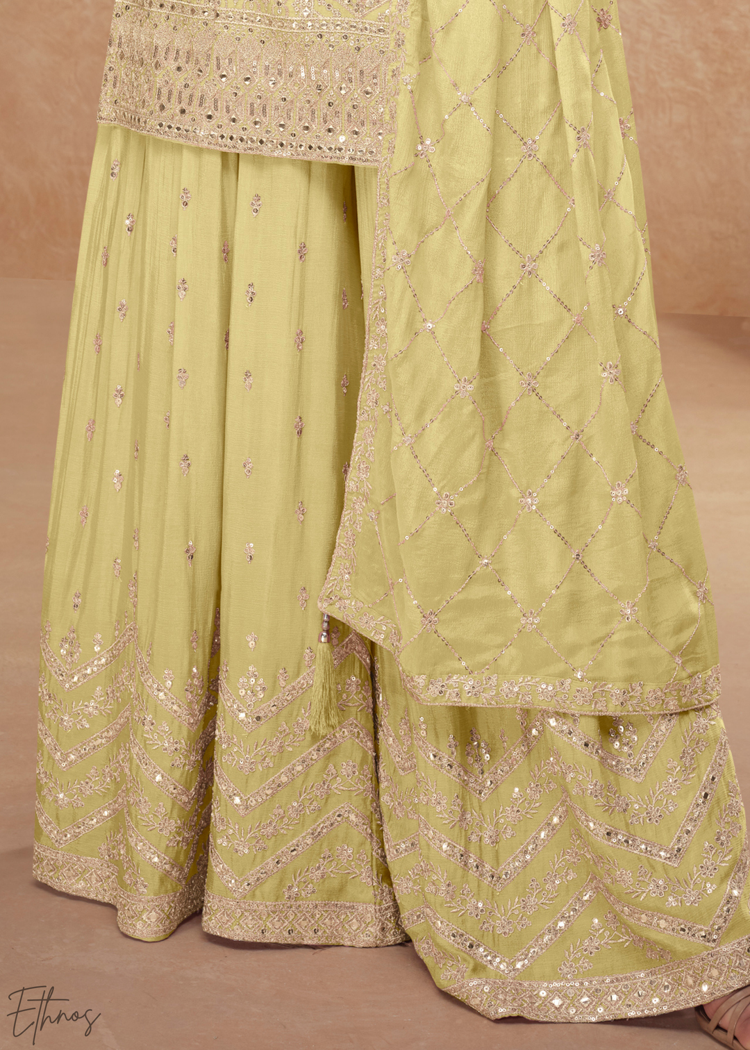 Soft Mustard Sequins Chinon Palazzo Suit