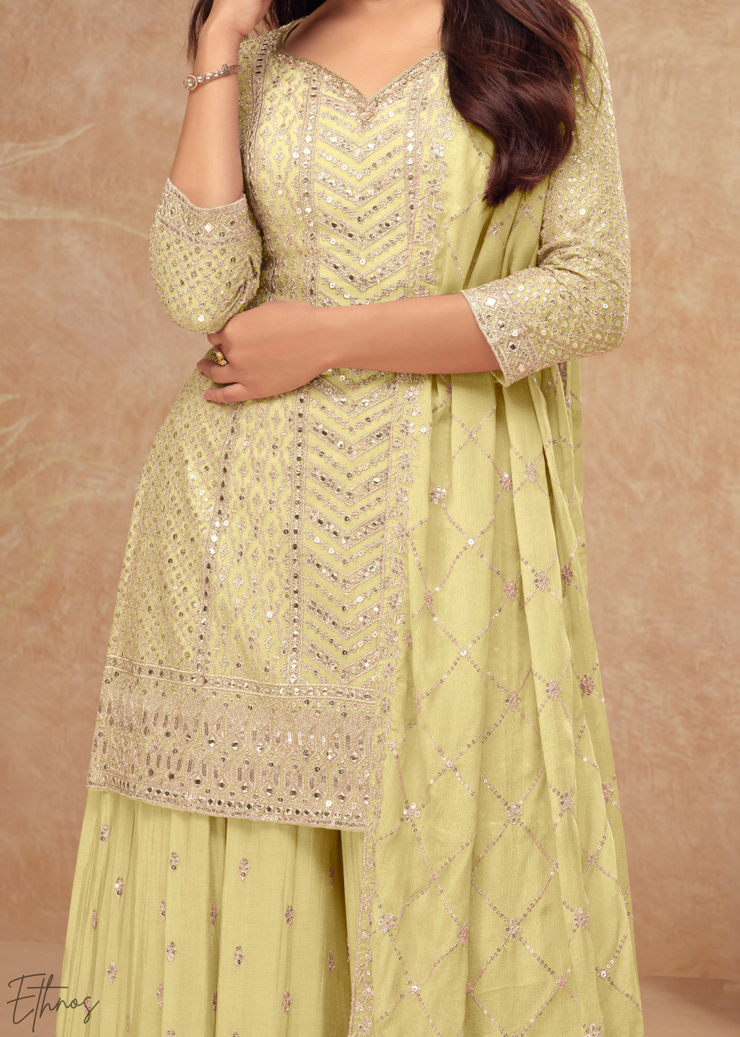 Soft Mustard Sequins Chinon Palazzo Suit