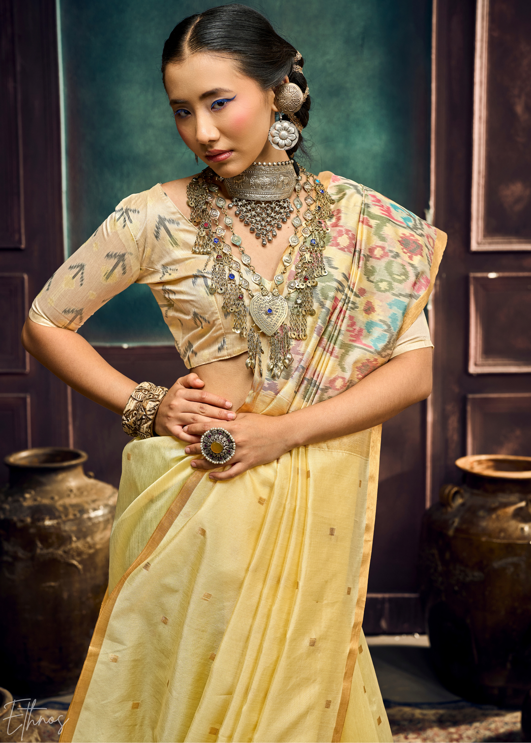 Soft Primrose Artisan Phulkari Weave Silk Saree