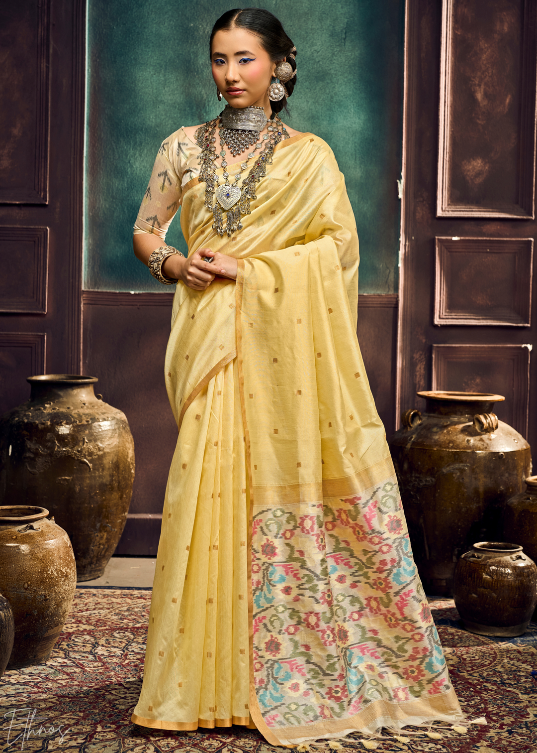 Soft Primrose Artisan Phulkari Weave Silk Saree