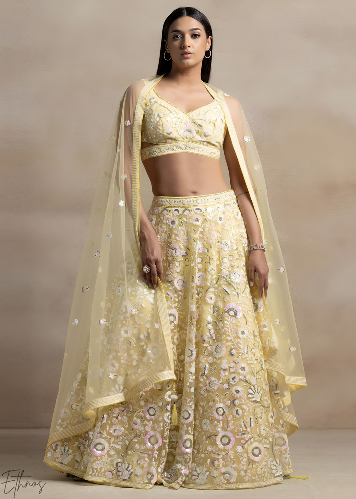 Soft Primrose Foliage Filigree Net Lehenga
