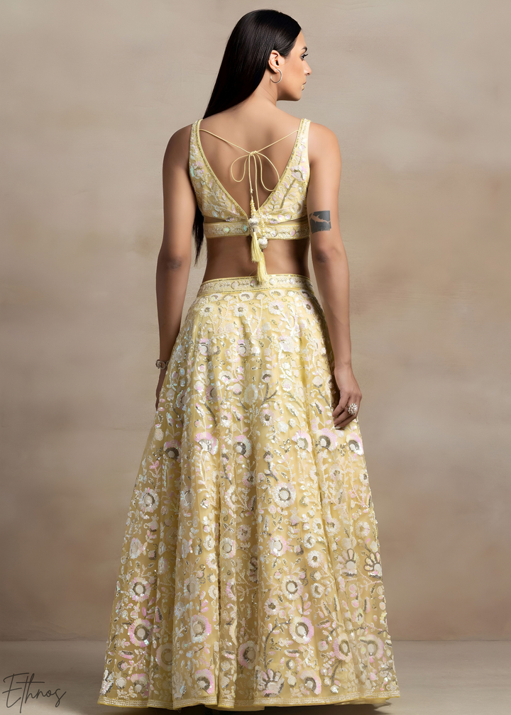 Soft Primrose Foliage Filigree Net Lehenga
