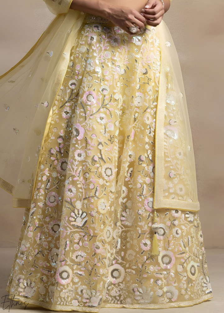 Soft Primrose Foliage Filigree Net Lehenga
