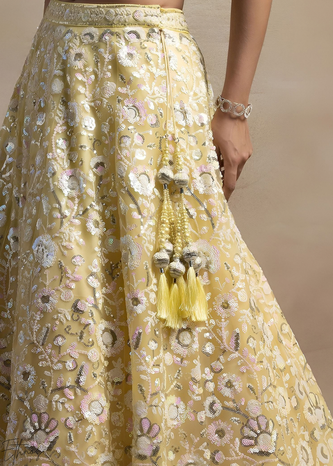 Soft Primrose Foliage Filigree Net Lehenga
