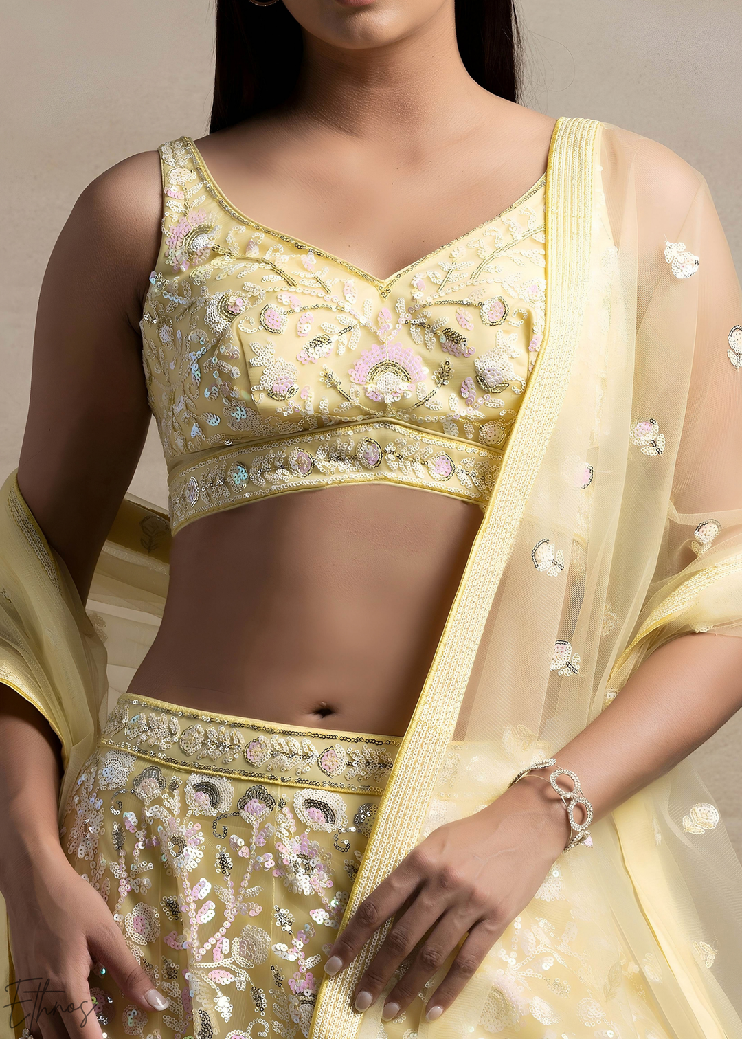 Soft Primrose Foliage Filigree Net Lehenga