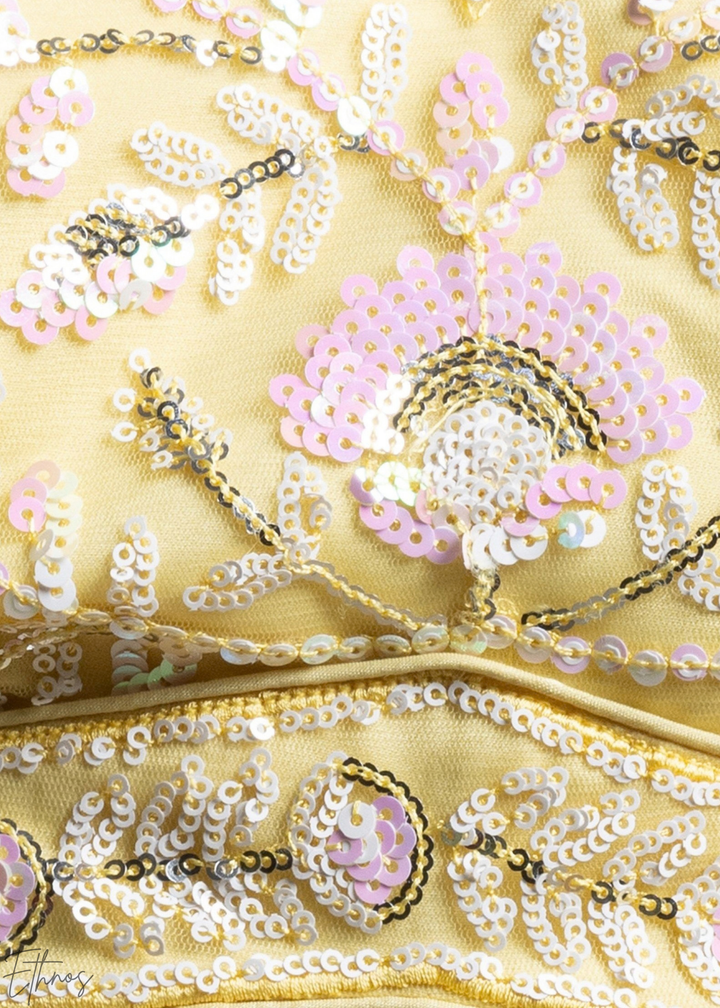 Soft Primrose Foliage Filigree Net Lehenga