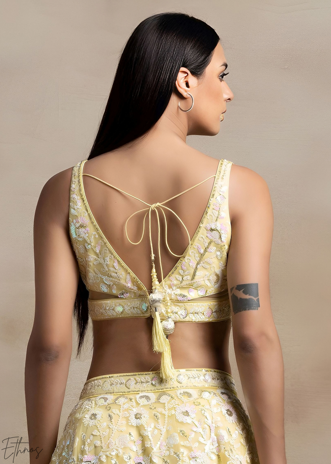 Soft Primrose Foliage Filigree Net Lehenga