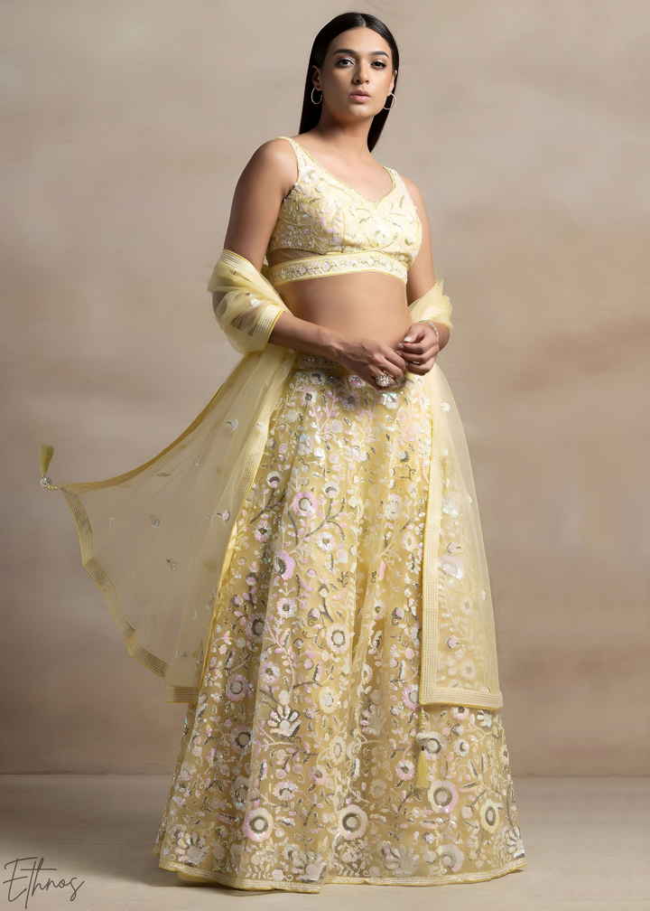Soft Primrose Foliage Filigree Net Lehenga