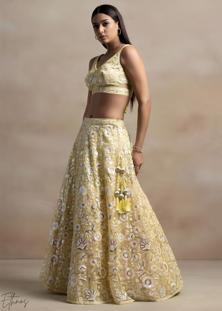 Soft Primrose Foliage Filigree Net Lehenga
