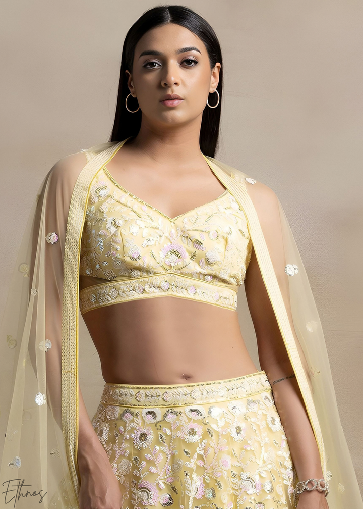 Soft Primrose Foliage Filigree Net Lehenga