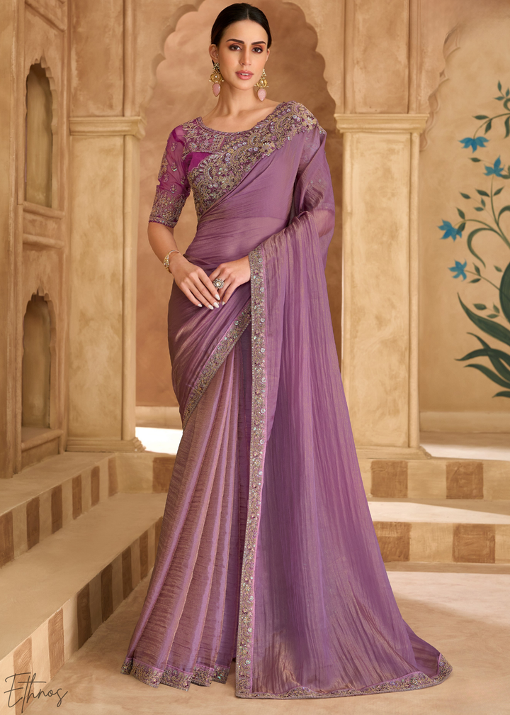 Soft Lilac Luminous Weave Tissue Georgette Saree