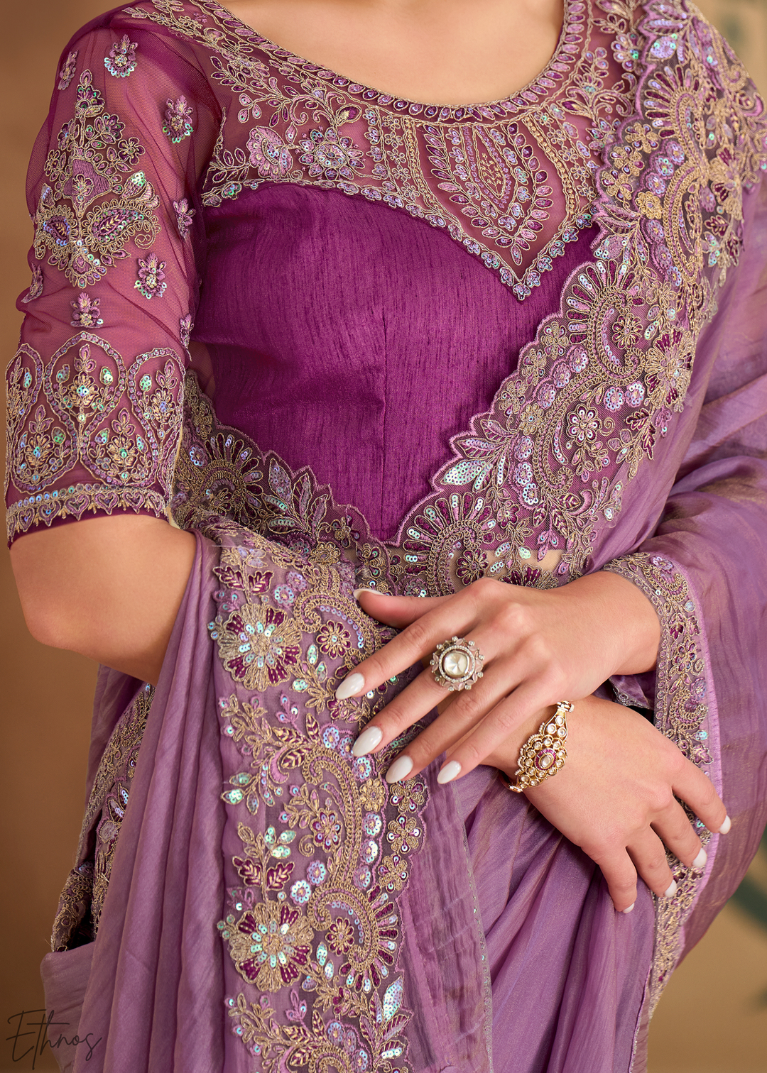 Soft Lilac Luminous Weave Tissue Georgette Saree