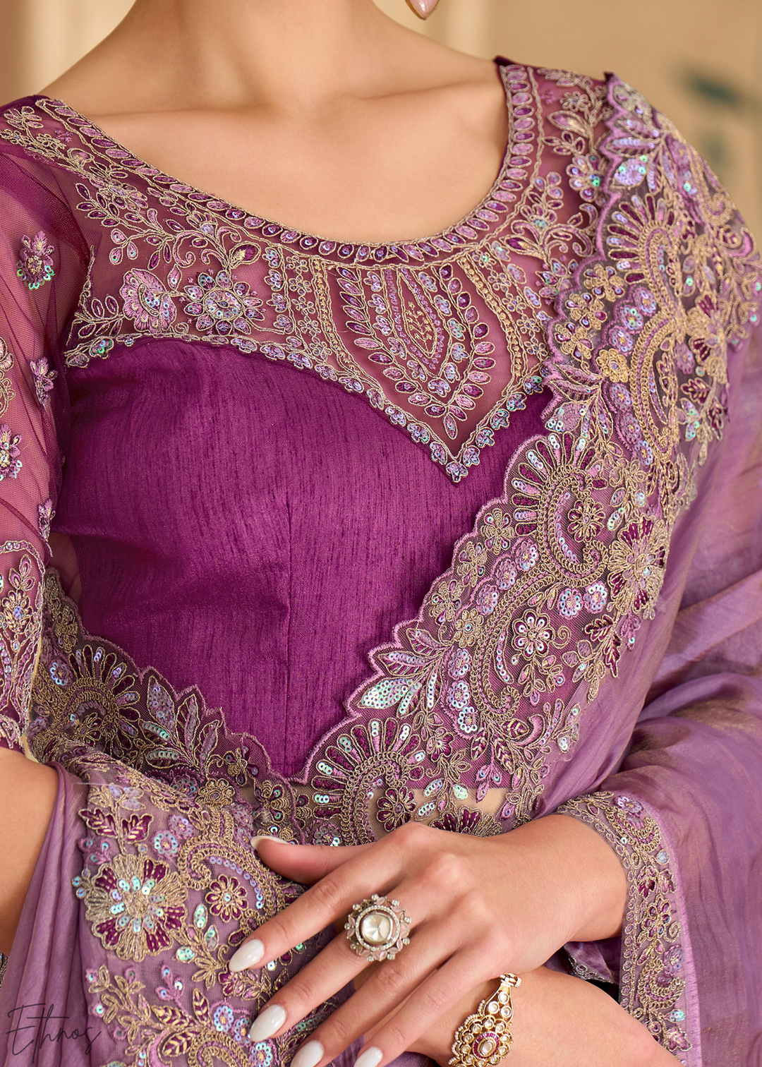 Soft Lilac Luminous Weave Tissue Georgette Saree