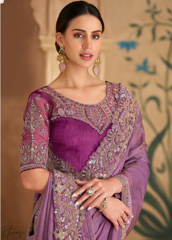 Soft Lilac Luminous Weave Tissue Georgette Saree