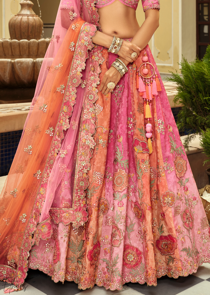 Shaded Pink Embroidered Silk Lehenga