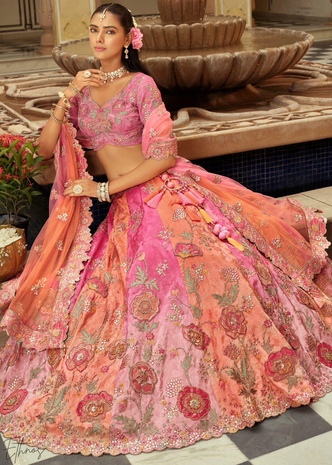 Shaded Pink Embroidered Silk Lehenga