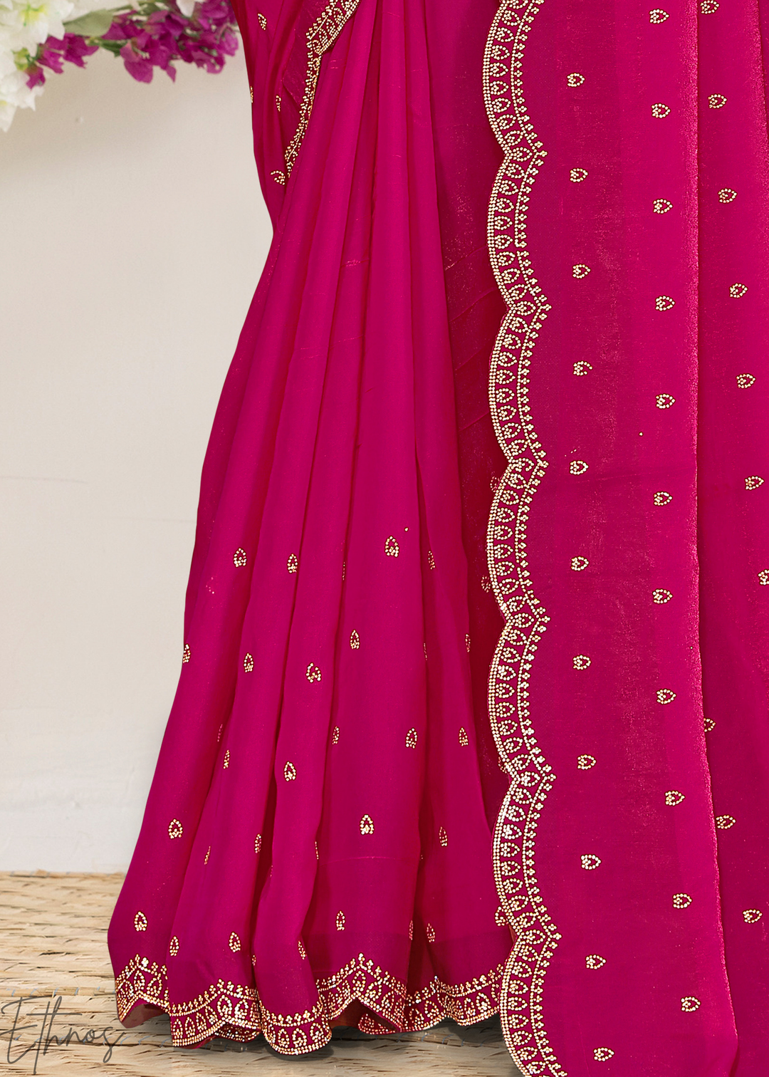 Sorrel Pink Scallop Stippled Satin Silk Saree