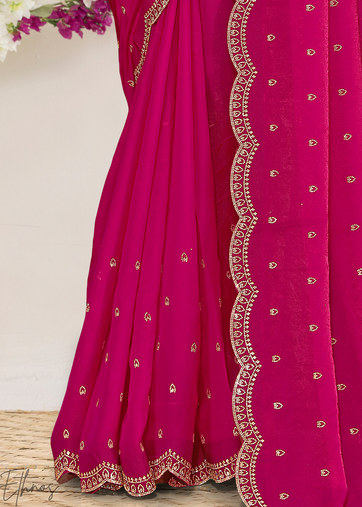 Sorrel Pink Scallop Stippled Satin Silk Saree