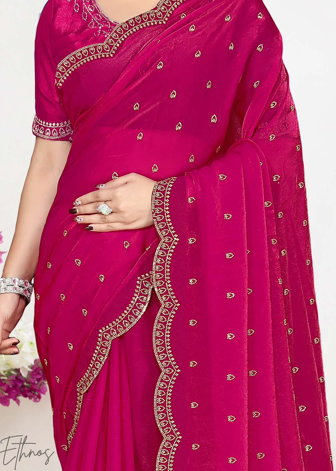 Sorrel Pink Scallop Stippled Satin Silk Saree