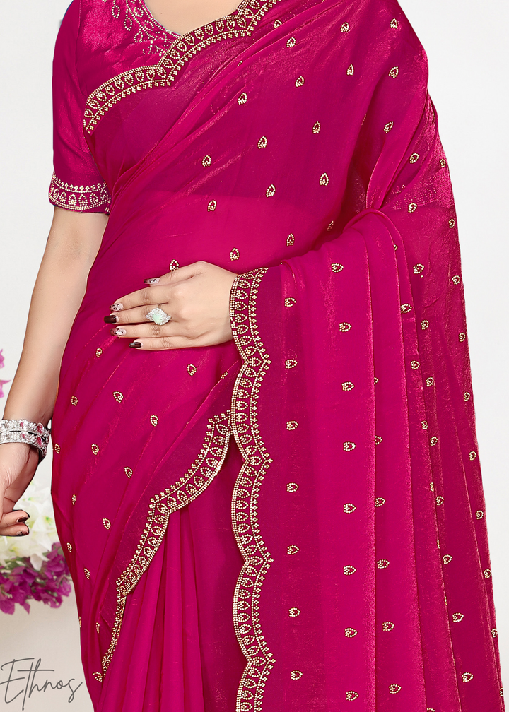 Sorrel Pink Scallop Stippled Satin Silk Saree