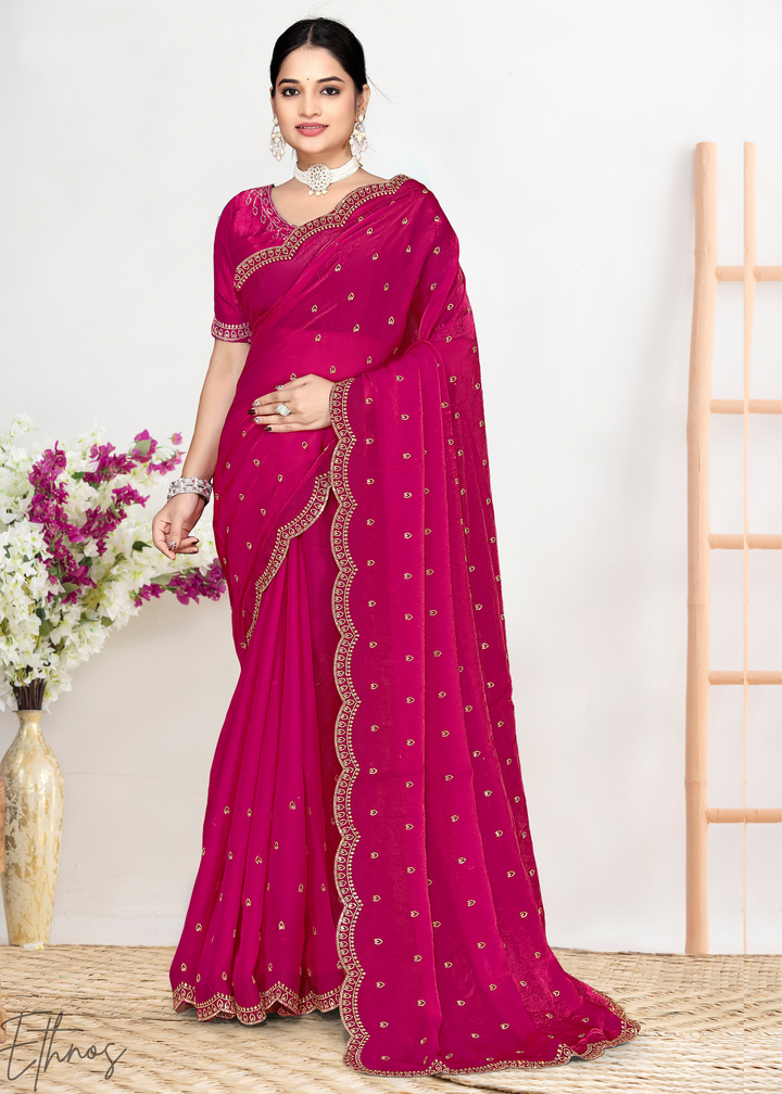 Sorrel Pink Scallop Stippled Satin Silk Saree