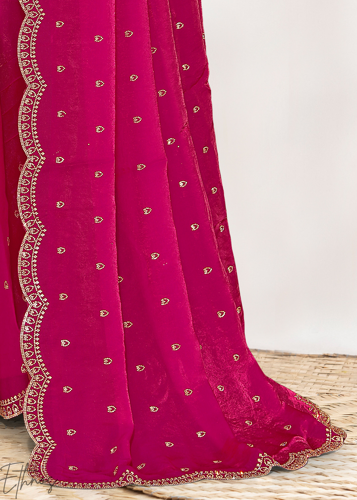 Sorrel Pink Scallop Stippled Satin Silk Saree