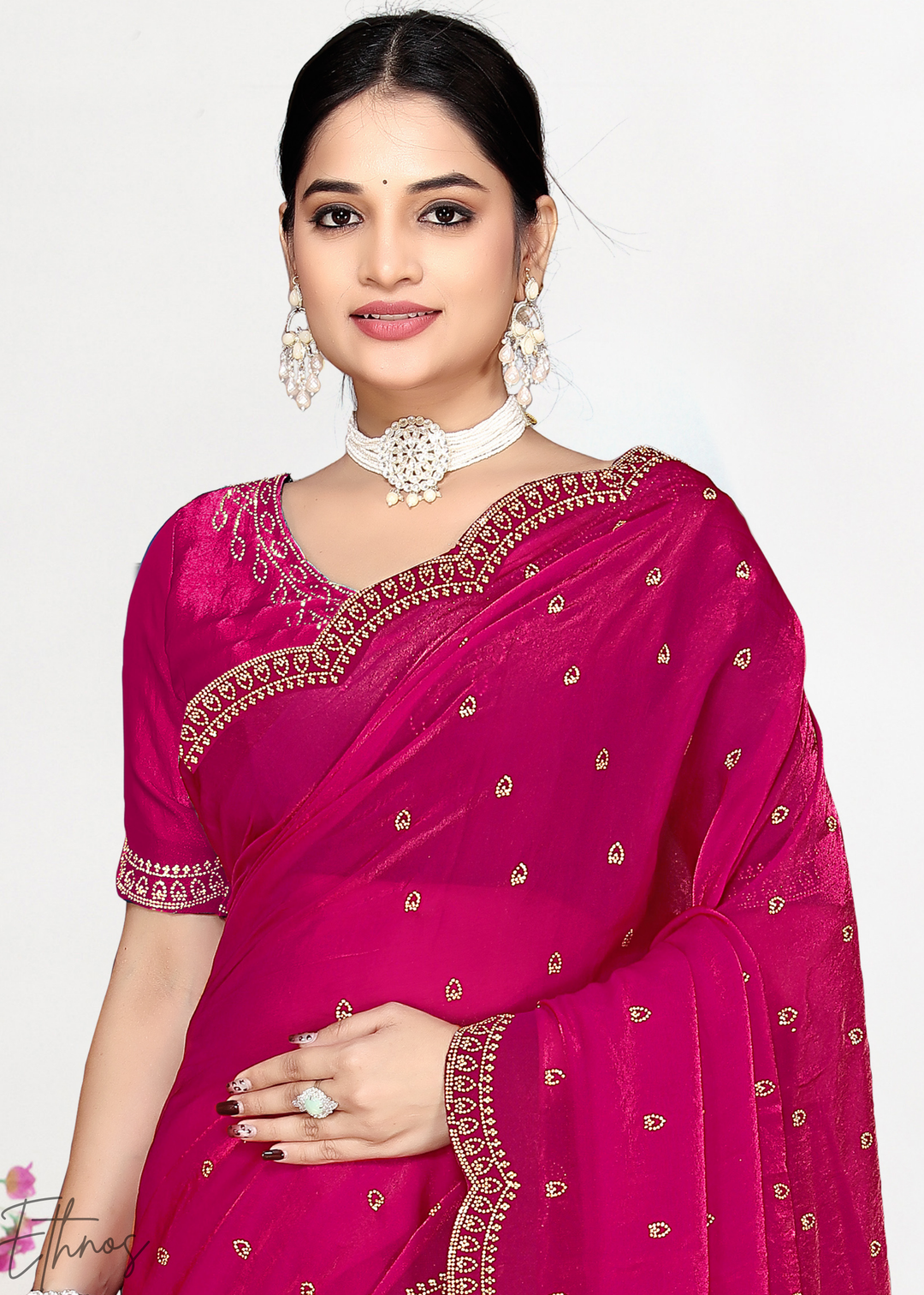 Sorrel Pink Scallop Stippled Satin Silk Saree