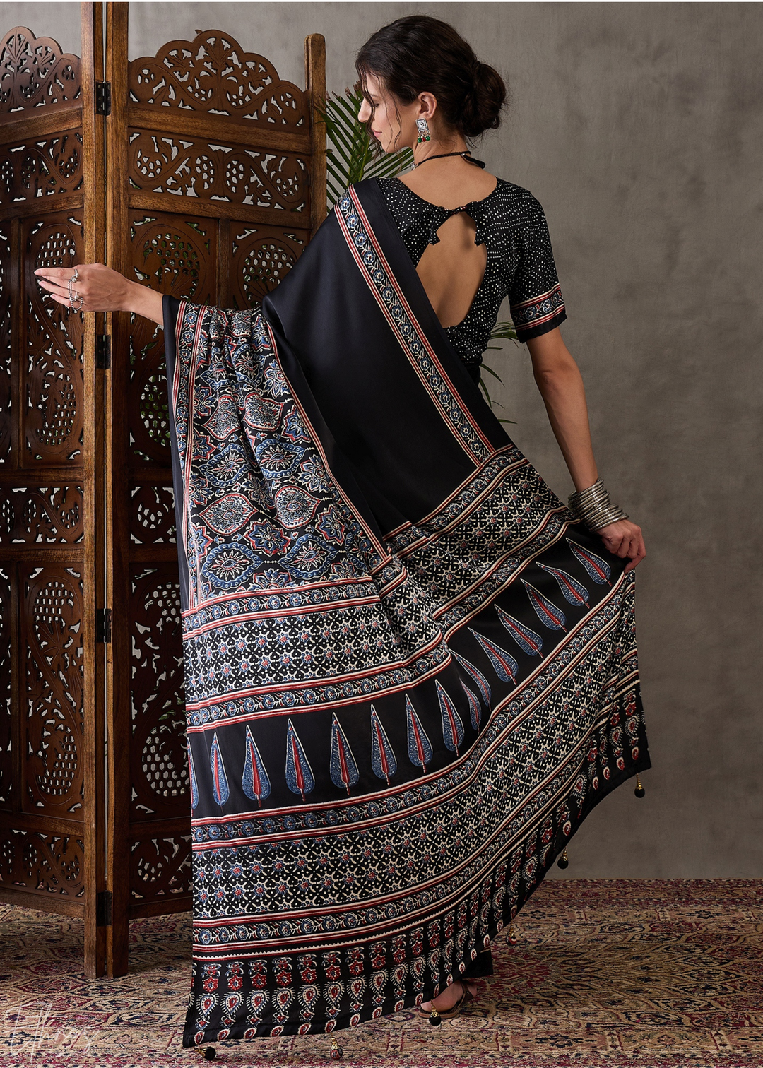 Midnight Obsidian Mandala Print Satin Silk Saree