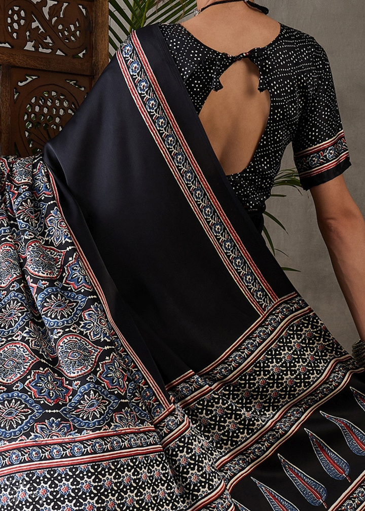 Midnight Obsidian Mandala Print Satin Silk Saree