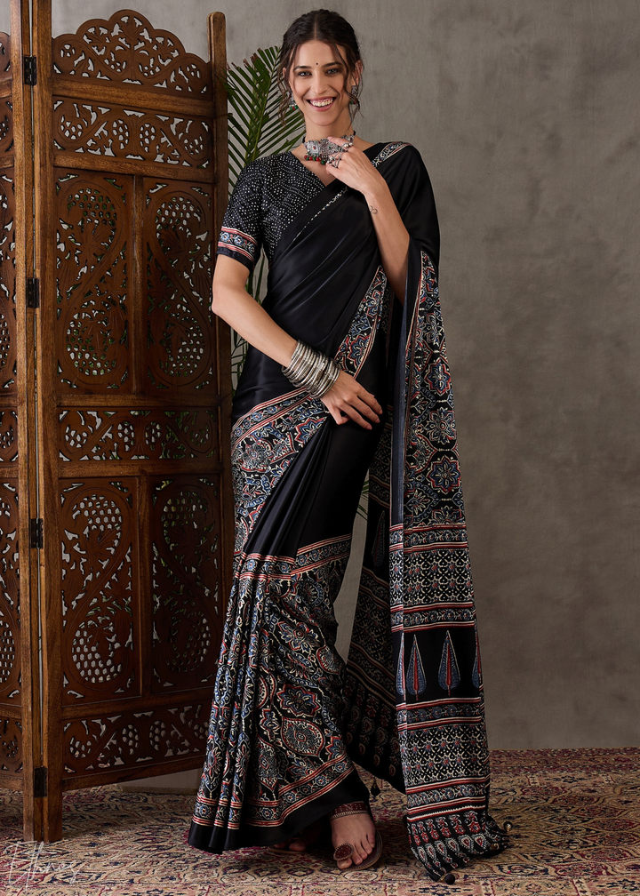 Midnight Obsidian Mandala Print Satin Silk Saree