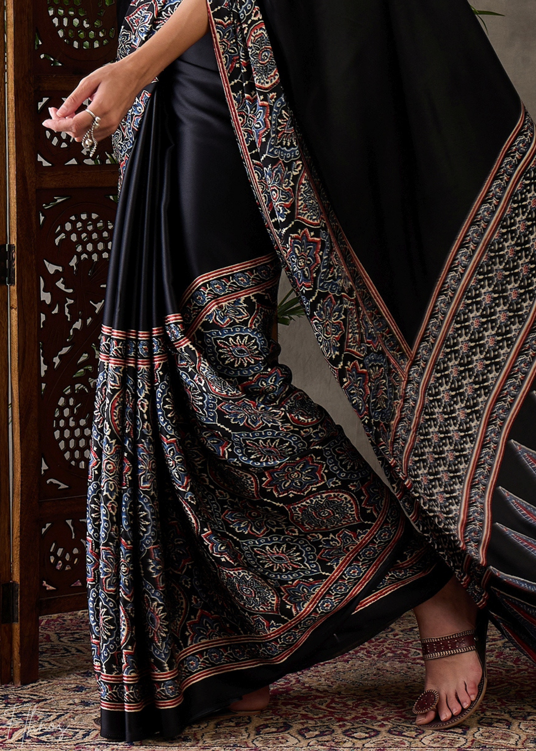 Midnight Obsidian Mandala Print Satin Silk Saree