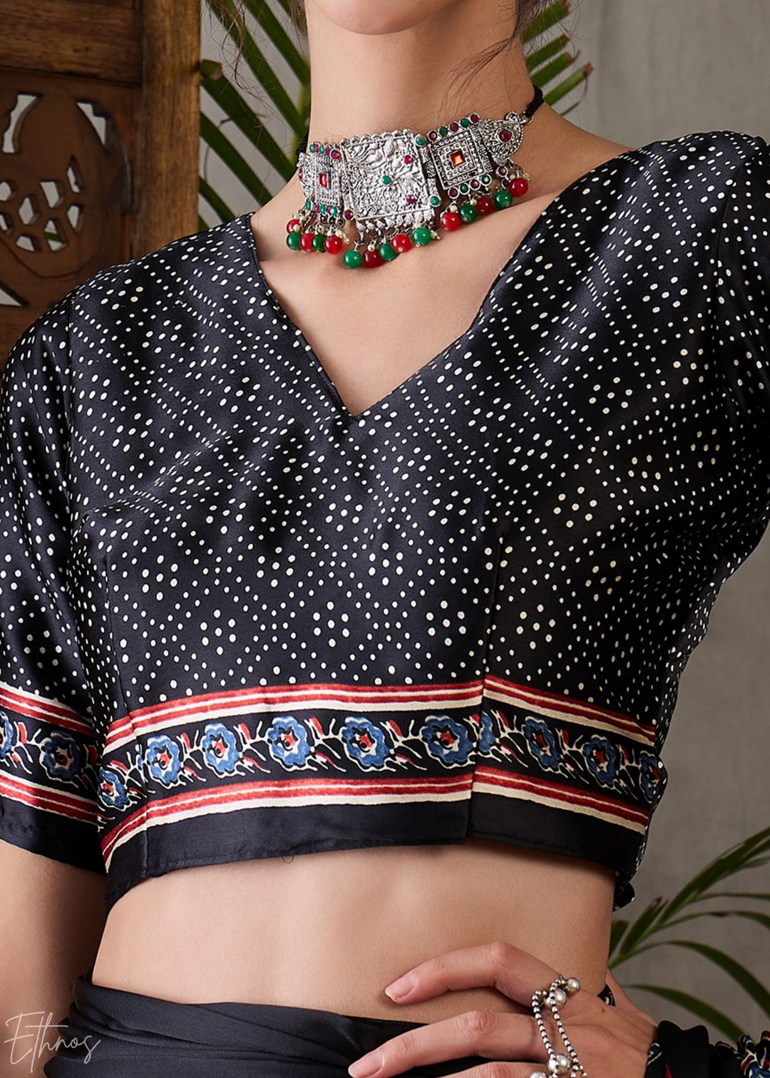 Midnight Obsidian Mandala Print Satin Silk Saree