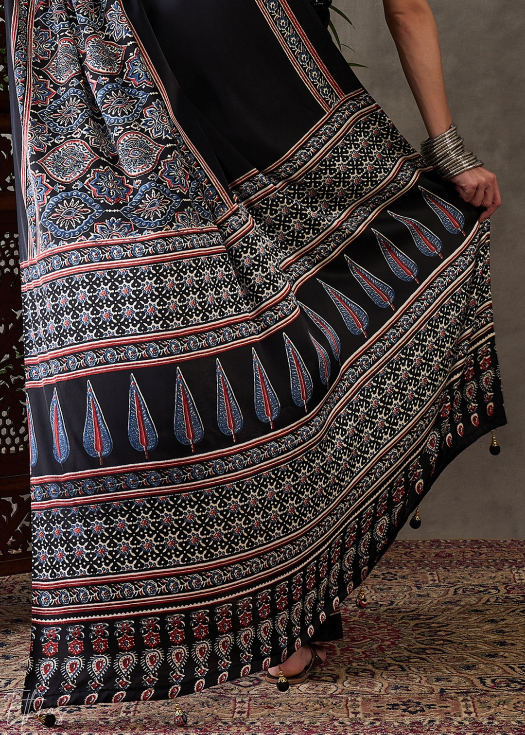 Midnight Obsidian Mandala Print Satin Silk Saree