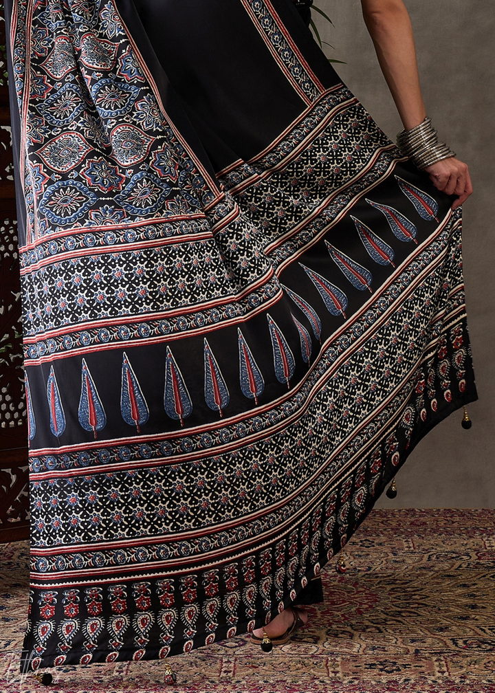 Midnight Obsidian Mandala Print Satin Silk Saree