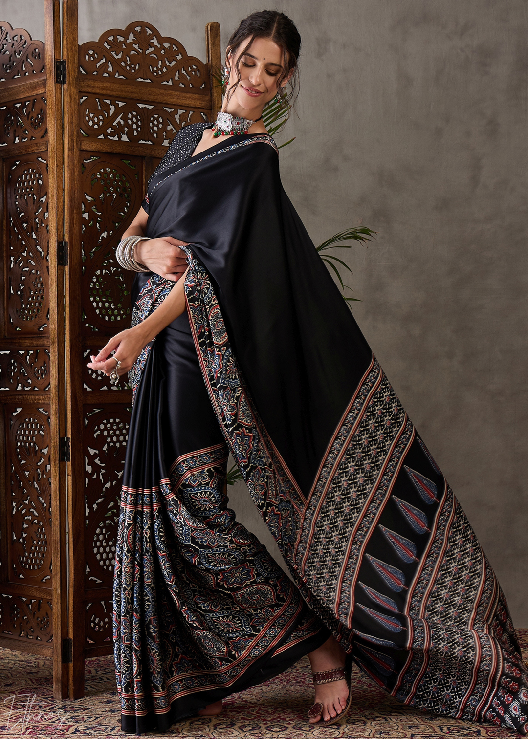 Midnight Obsidian Mandala Print Satin Silk Saree