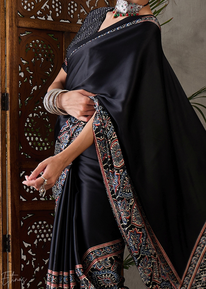 Midnight Obsidian Mandala Print Satin Silk Saree