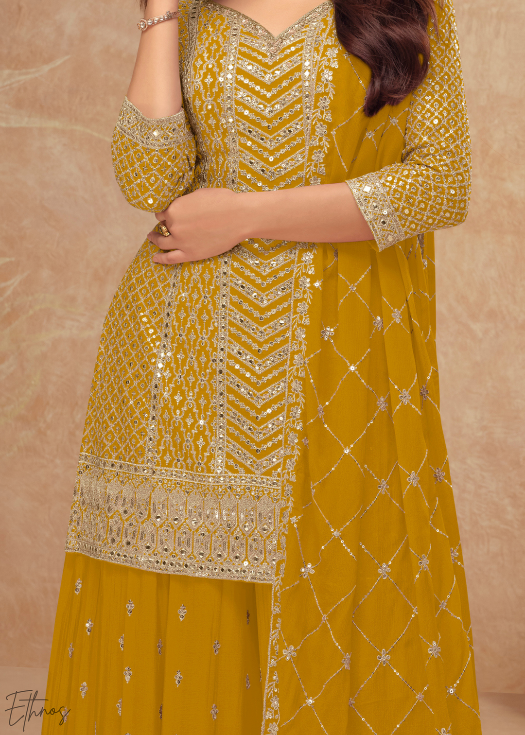 Spiced Honey Sequins Chinon Palazzo Suit